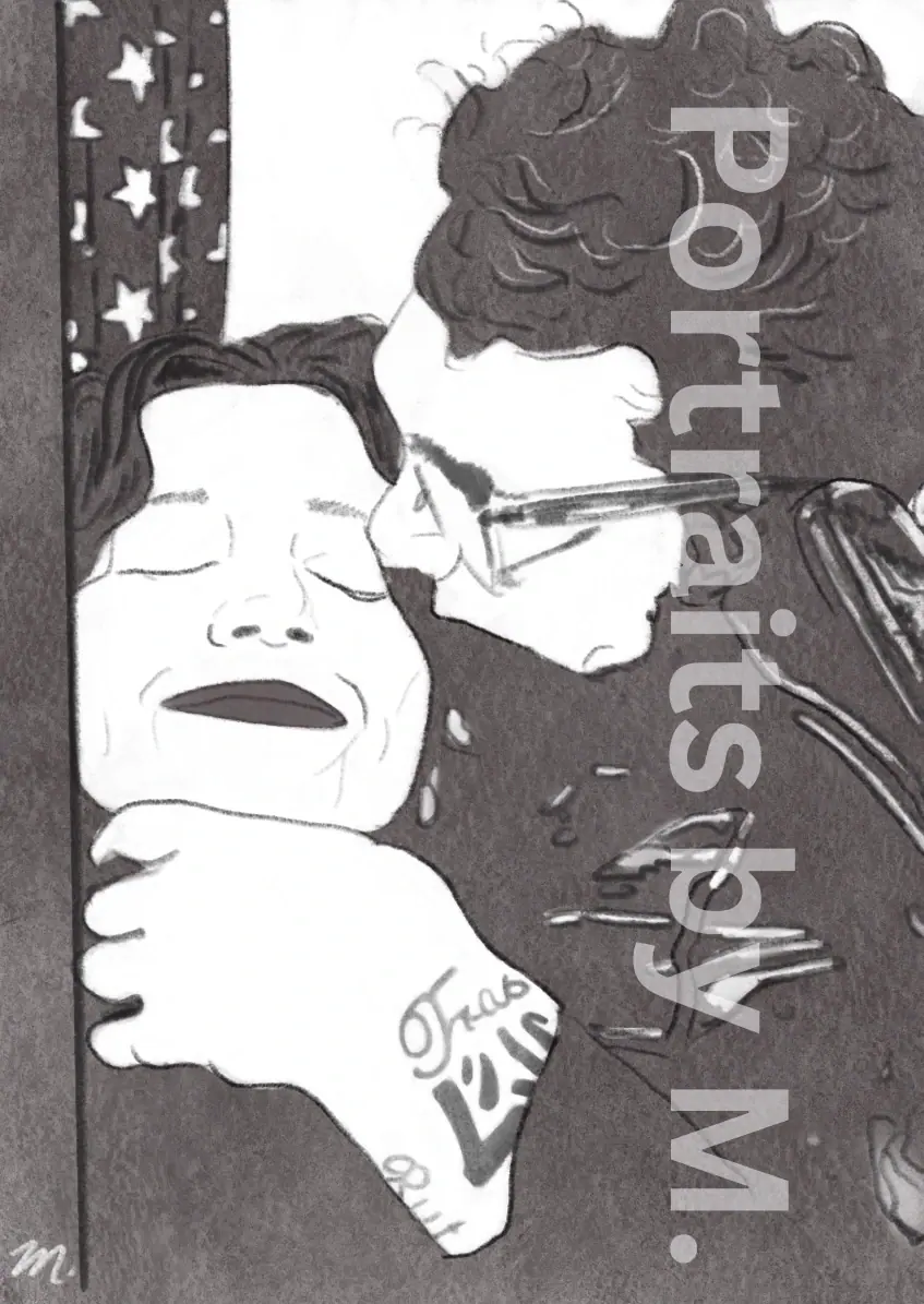 Illustrated portrait of a couple in a quiet, intimate moment.